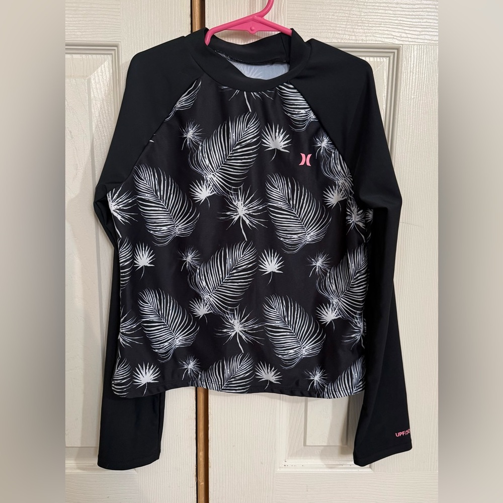Hurley Girls Rash Guard Swim Top Size 14 UPF 50 Palm Print